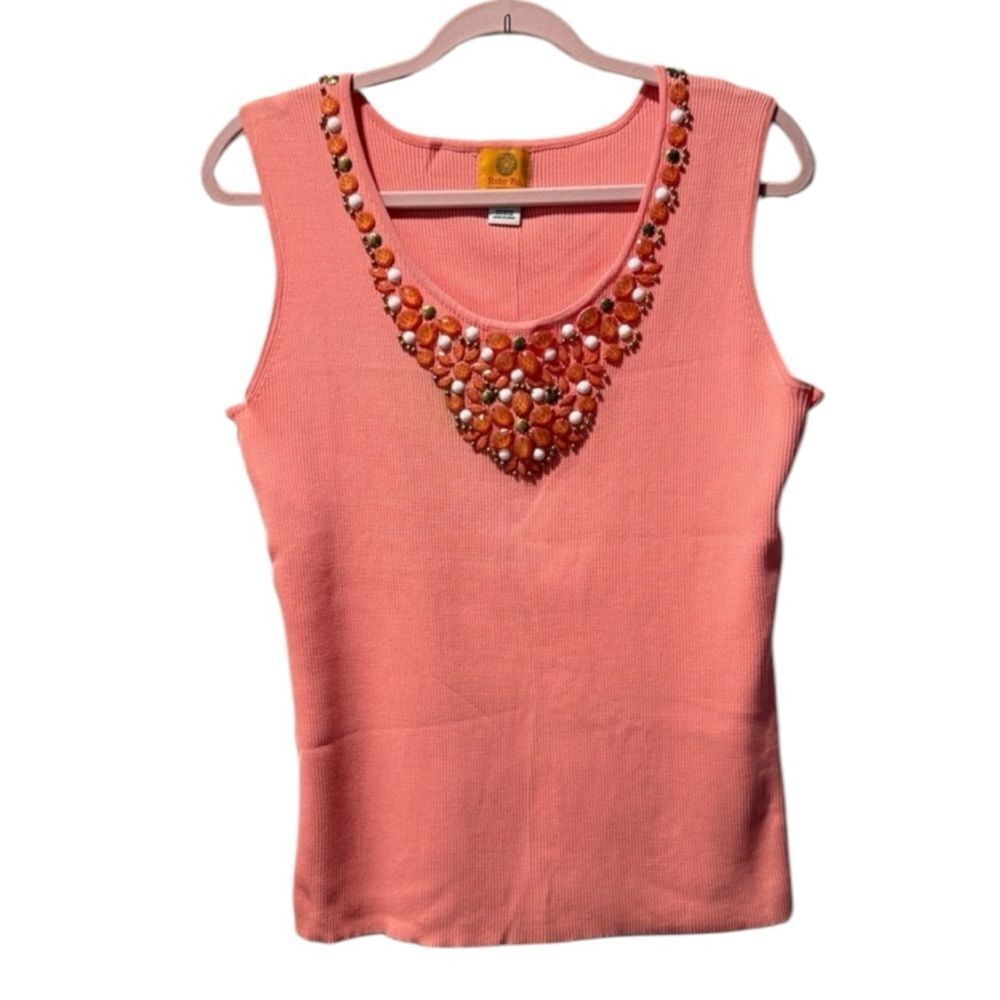 NWOT Ruby Rd Woman’s Beaded Ribbed Tank Coral Colorful Beach Summer top